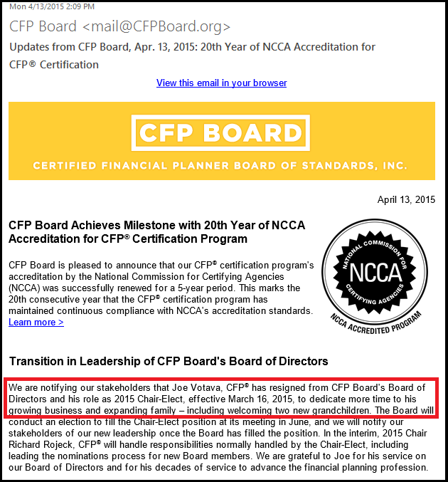 CFP Board Announcement Of Joseph Votava Chair-Elect Resignation