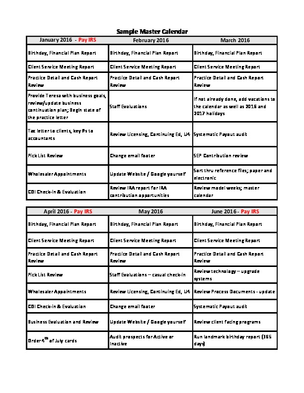 Sample Annual Master Calendar For Financial Advisor Time Management