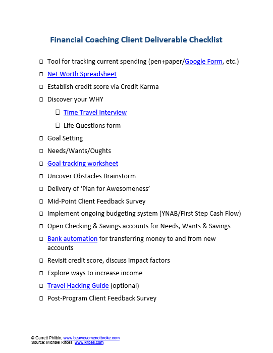 Financial Coaching Client Deliverable Checklist