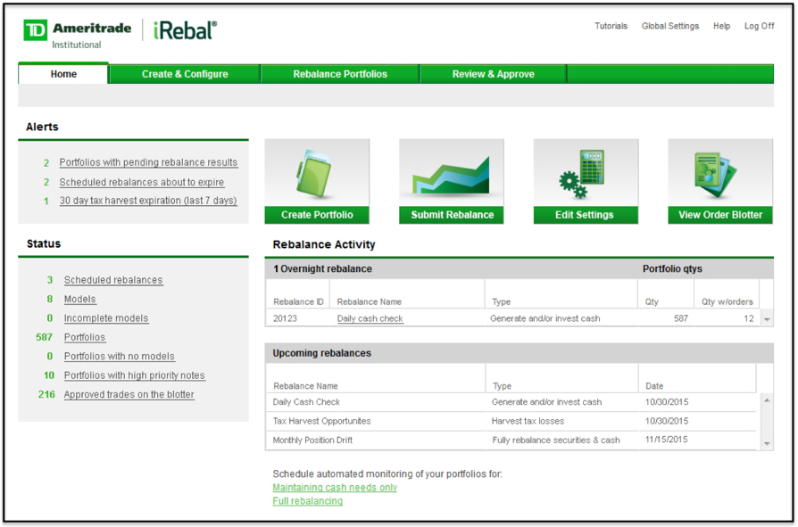 TD Ameritrade iRebal Portfolio Rebalancing Software Interface