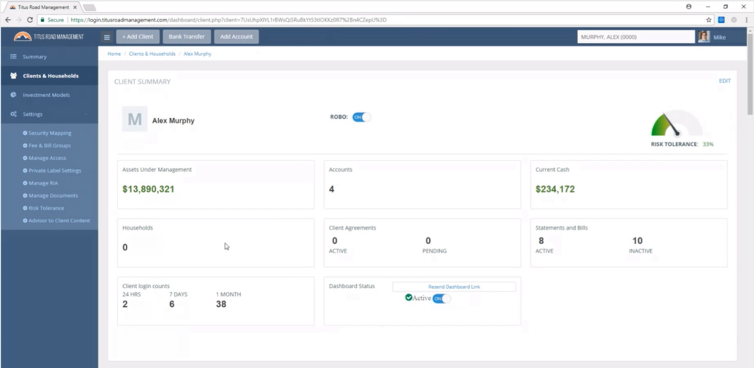 RobustWealth Client & Household View Of Advisor Dashboard