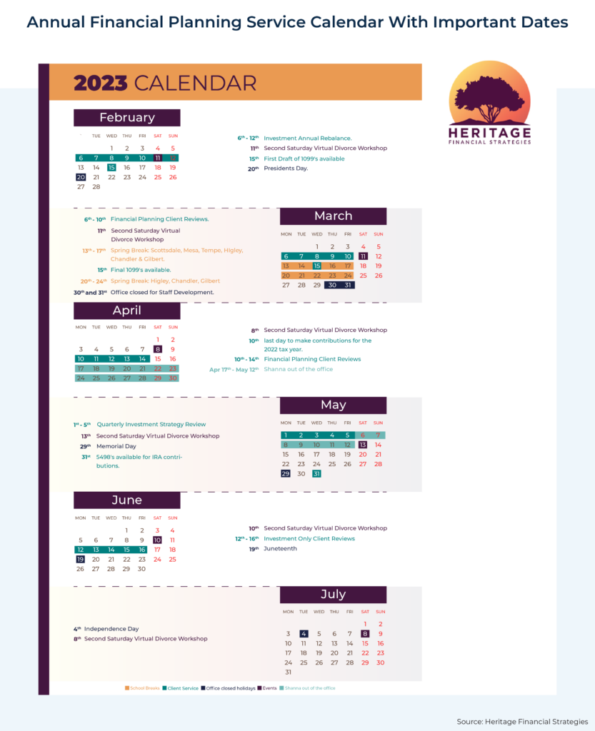 Annual Financial Planning Service Calendar With Important Dates Heritage Financial Strategies