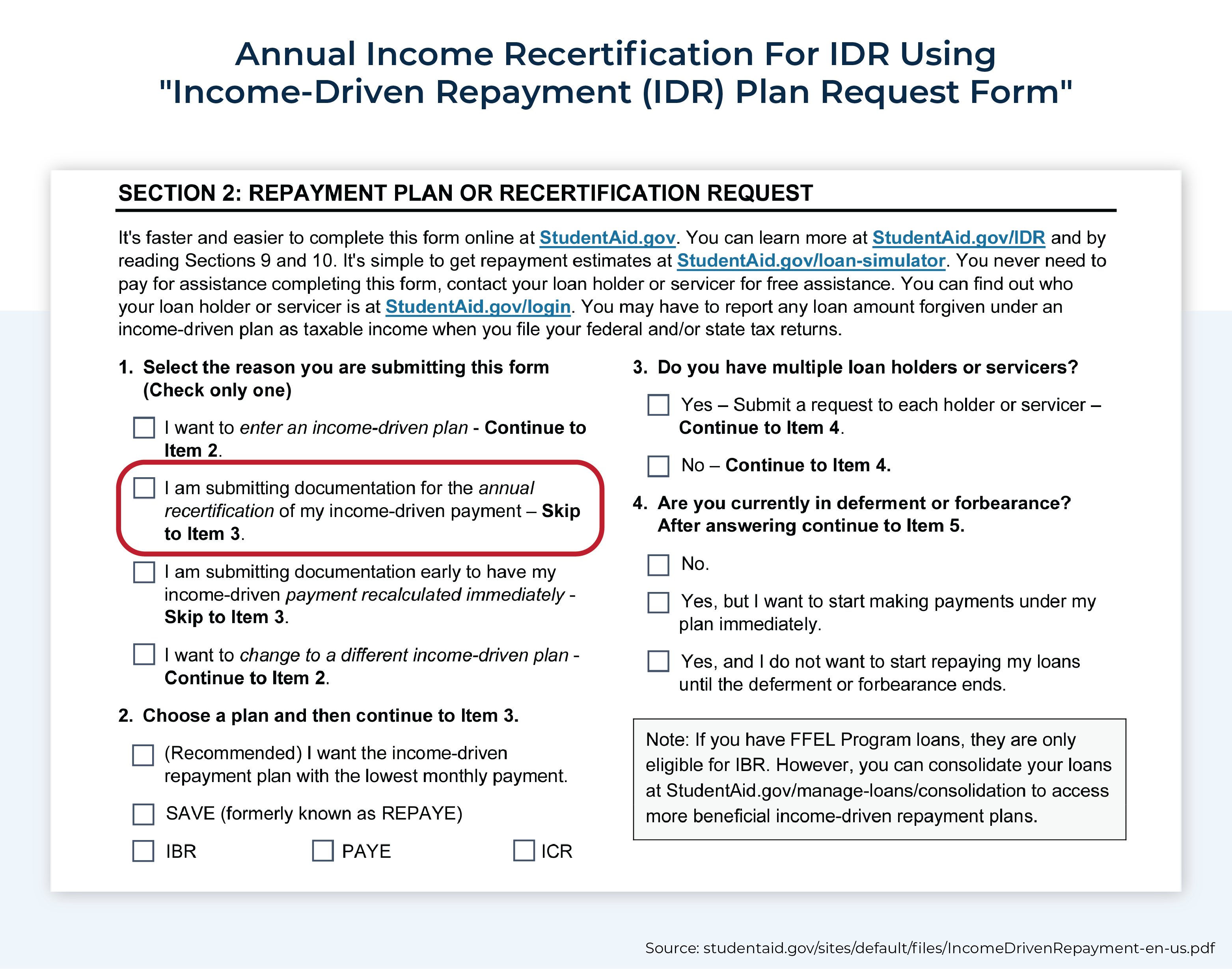 Annual Income Recertification For IDR Using IRA Plan Request Form